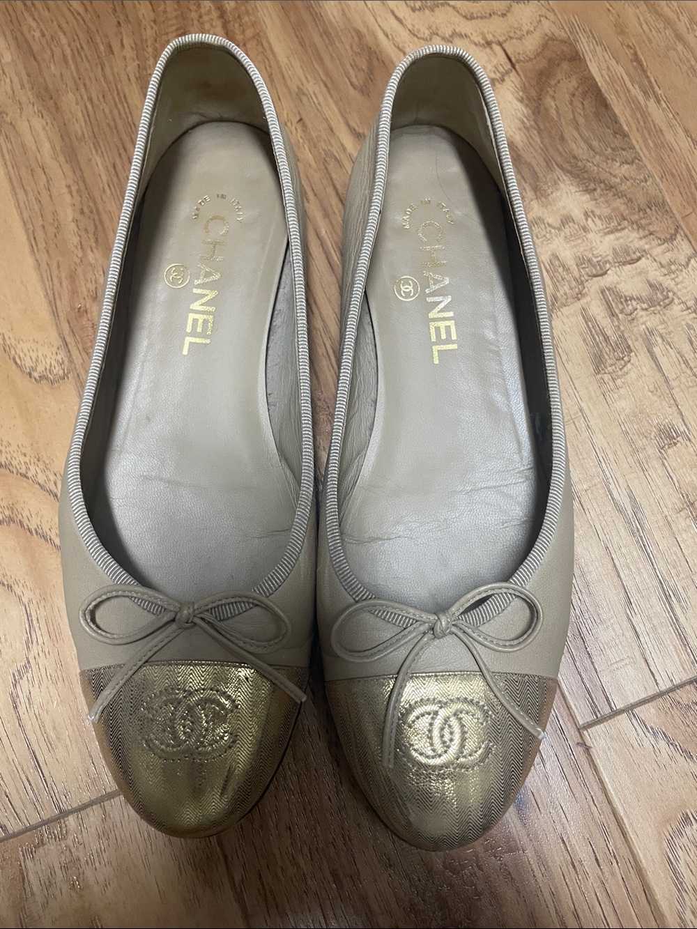CHANEL Taupe Leather Ballet Flats with Gold Cap Toe